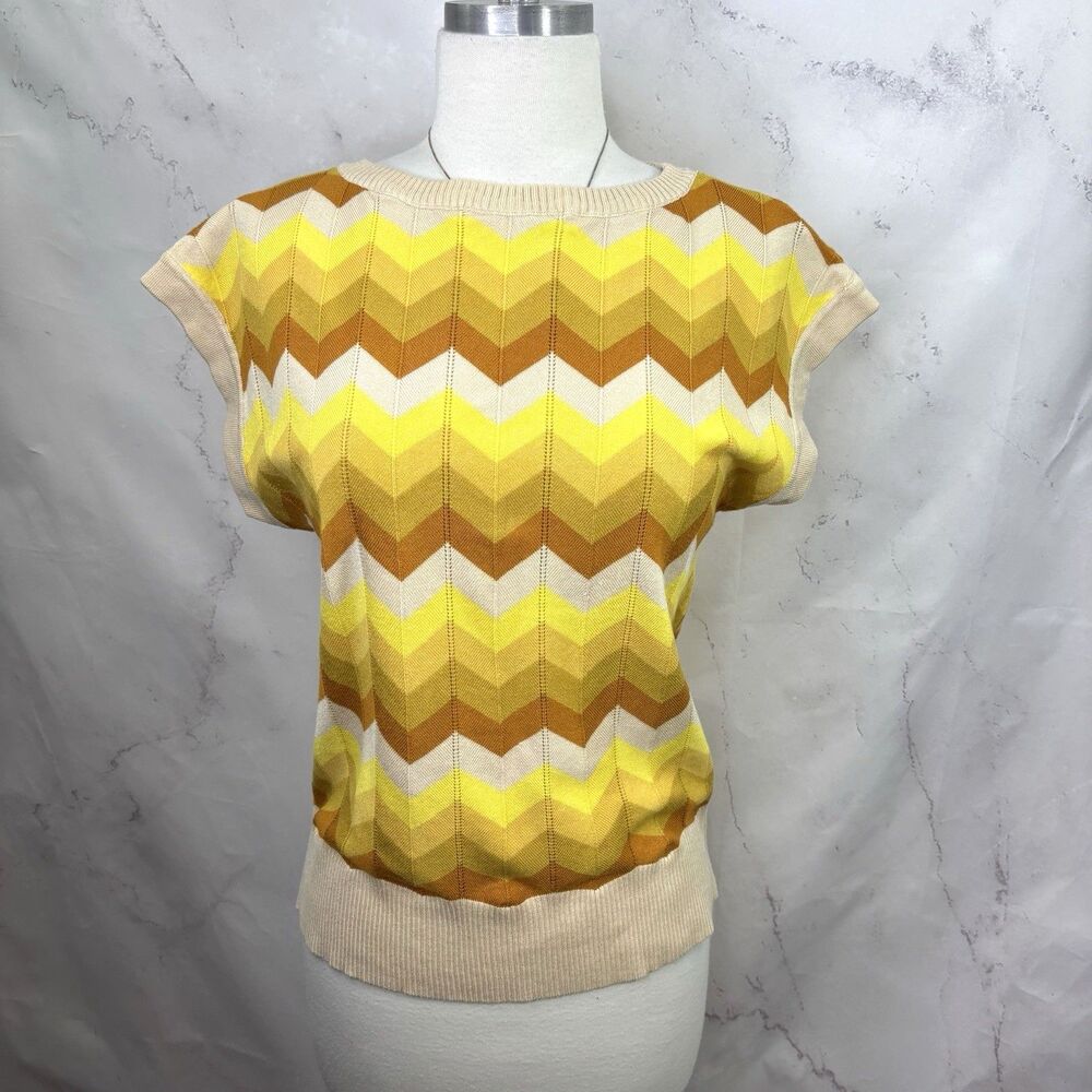 VTG 70s Inspired Voodoo Vixen Sweater Blouse Yana Chevron Boat Neck Yellow XL